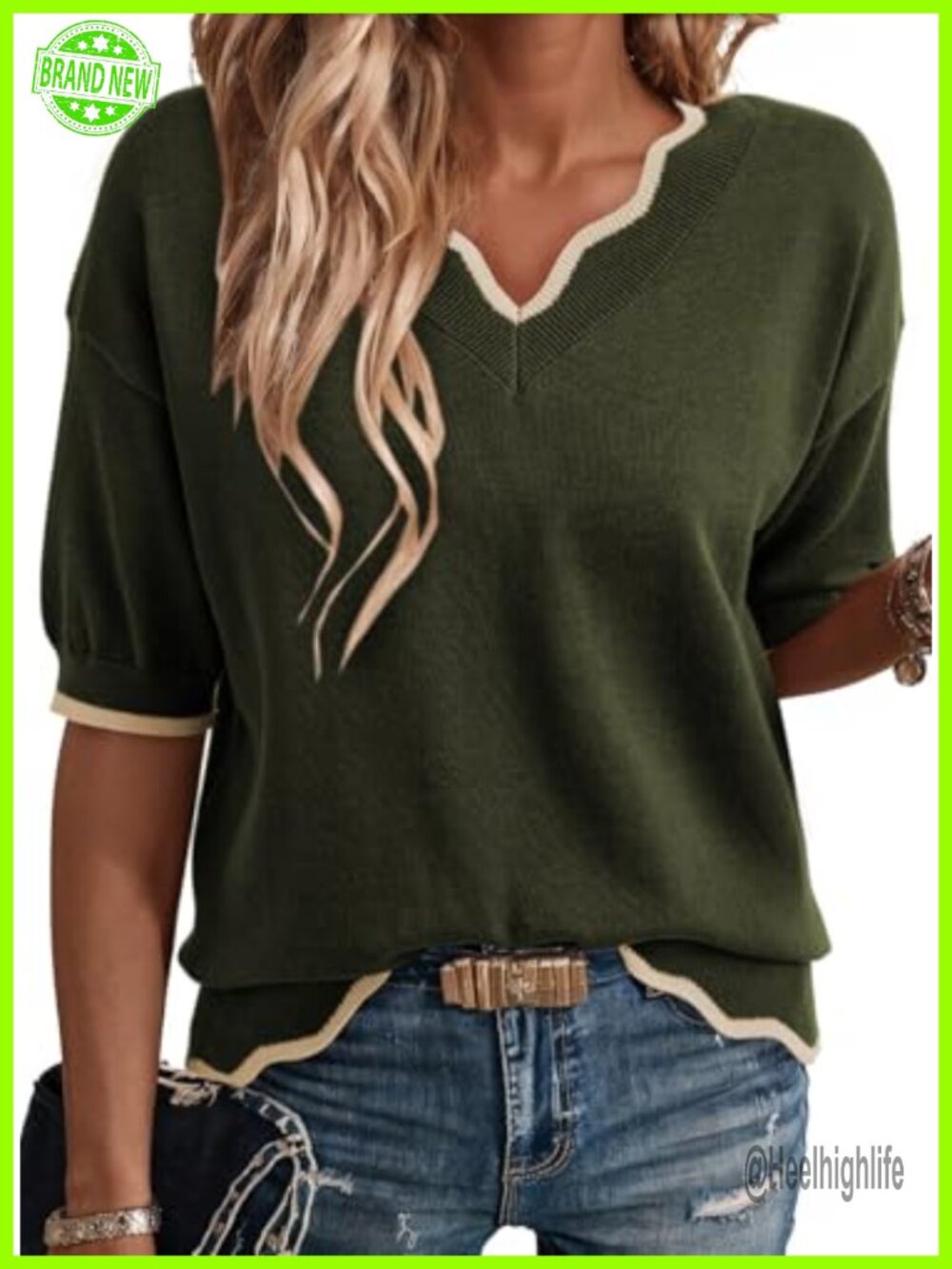 Short Sleeve Ribbed Knit Sweater Pullover V-Neck Casual Work Top